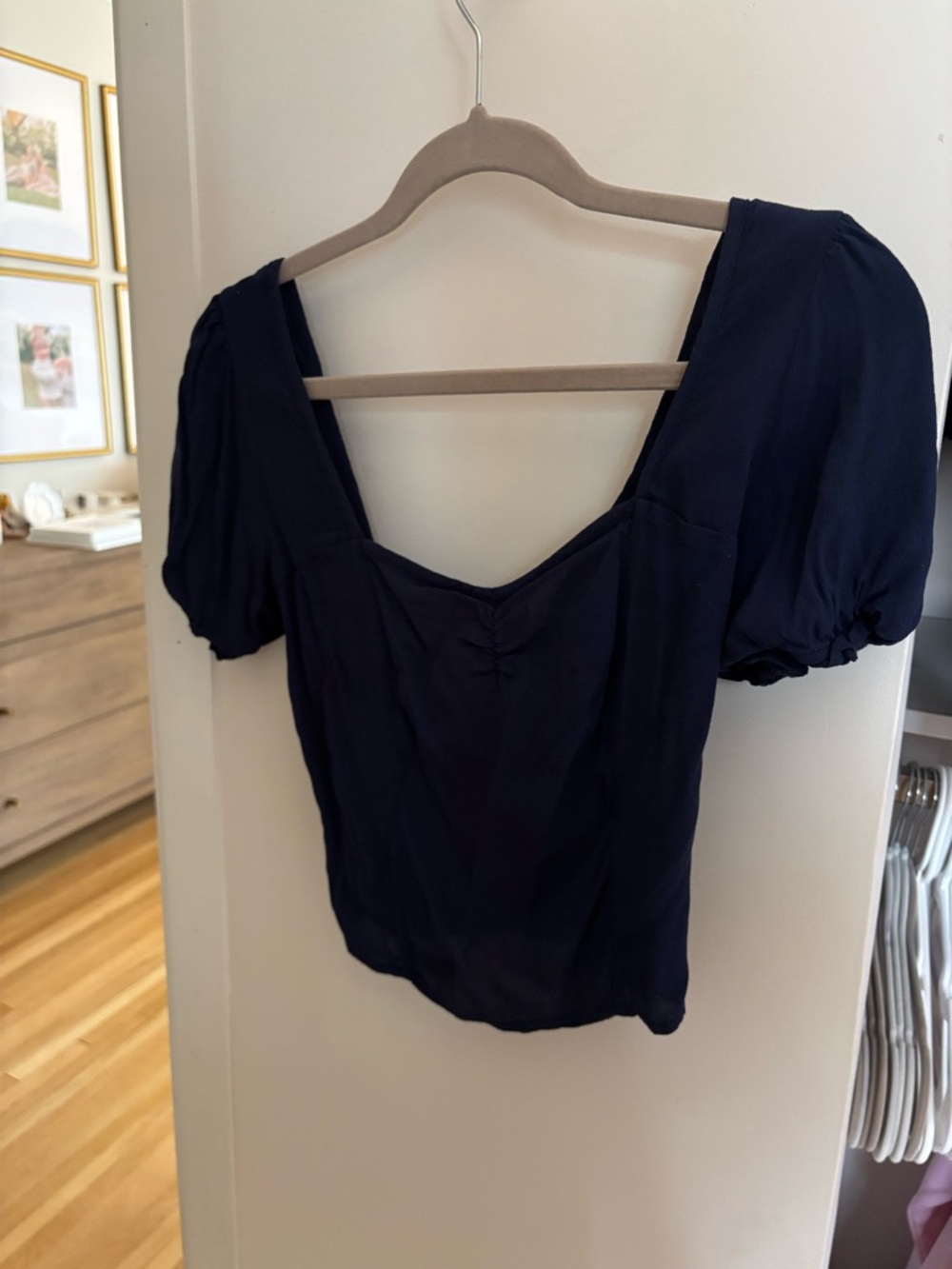 Wayf Navy Puff Sleeve Square Neck Crop Top